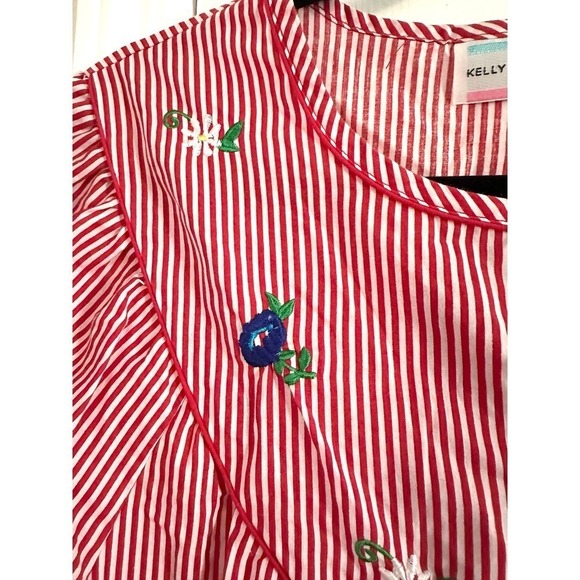 Vintage KELLY REED Red Striped Embroidered Snap-Button House Coat Dress Mumu L - Picture 2 of 5